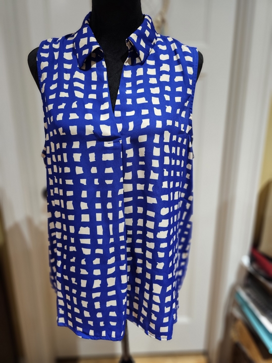 Pleione Tops - Pleione Blue and White Sleeveless Collared Blouse